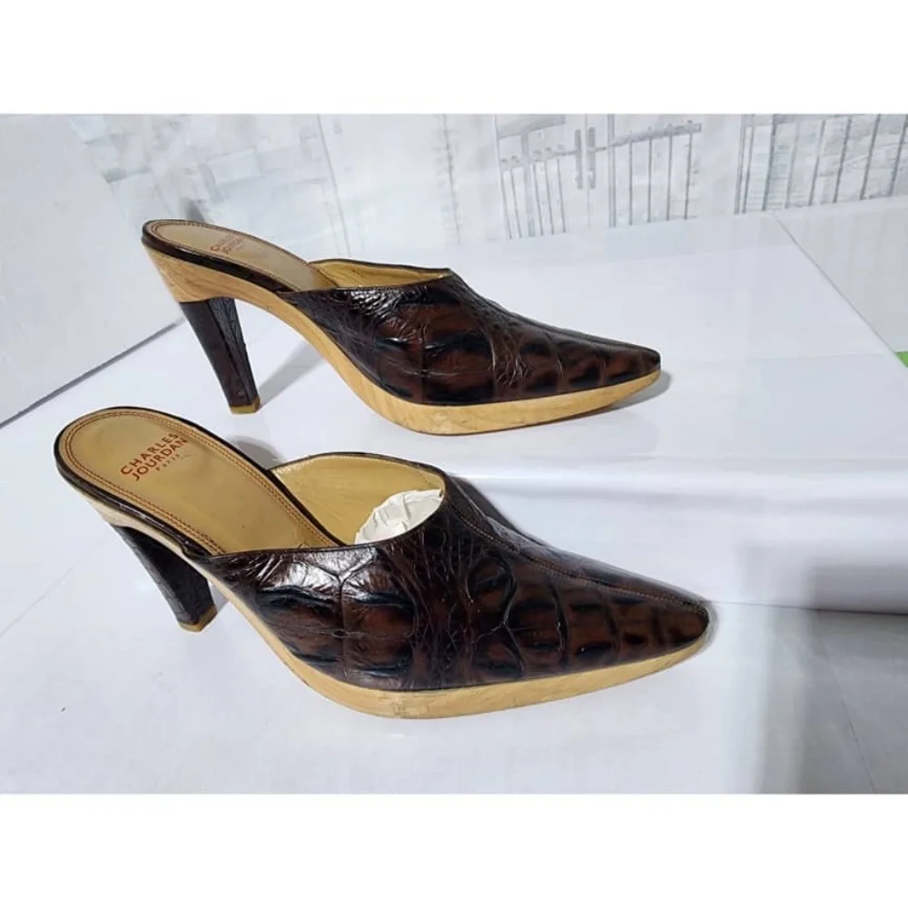 Authentic Charles Jourdan Snake Skin Leather on Wooden Platform Heels Brown